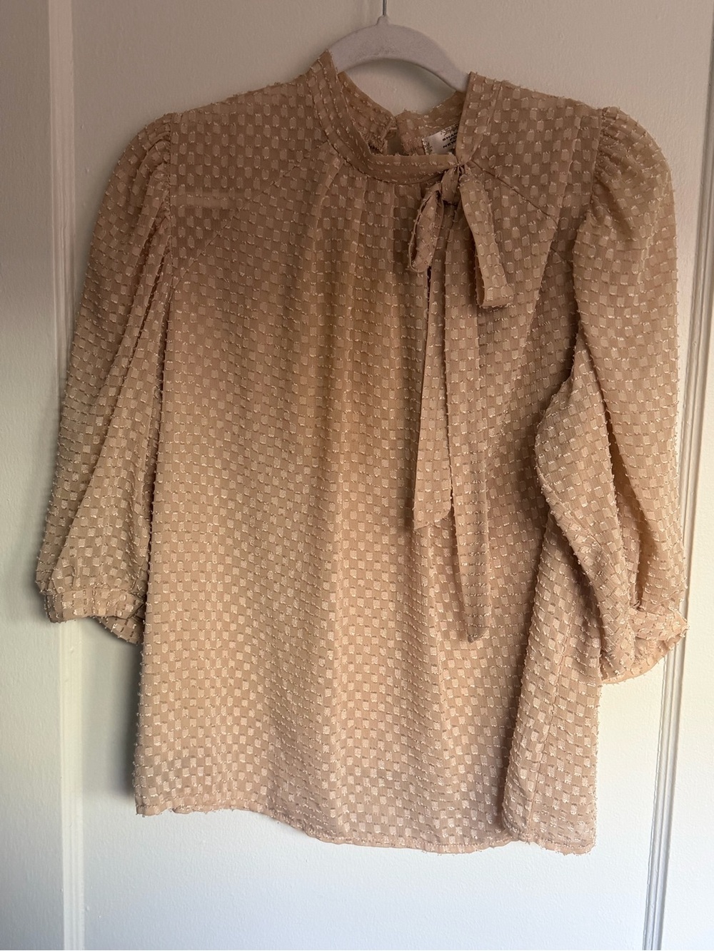 Women’s Blush Textured Bow-Neck Blouse